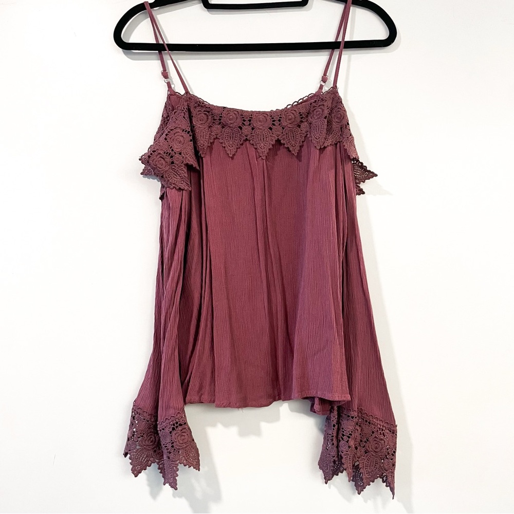 Active USA Mauve Lace Trim Cold Shoulder Boho Blouse L